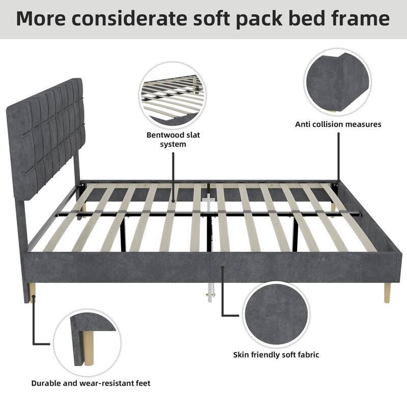 Queen Upholstered Bed Frame with Soft Headboard, Velvet Platform Bed with Wood Legs Modern Design