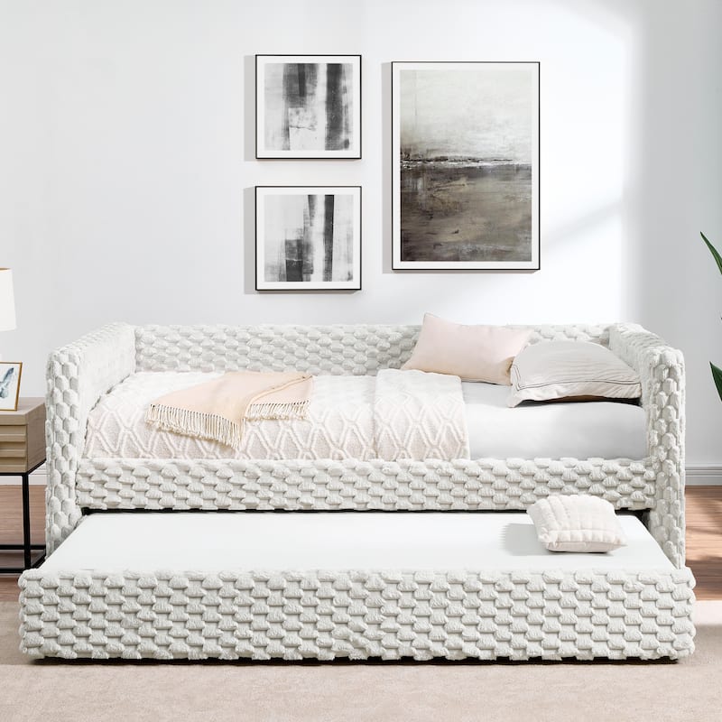 Corduroy Fabric Daybed Twin Size Upholstered Panel Frame Sofa Bed with Pull-out Trundle Bed, Low-Profile Platform Day Bed
