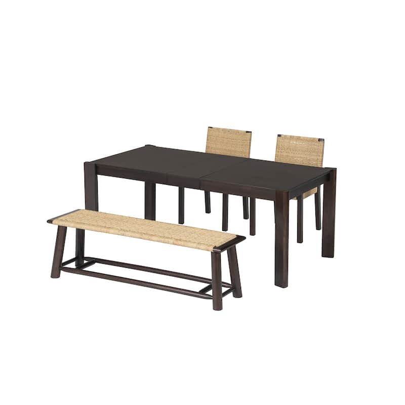 Modern Farmhouse Extendable Dining Table Set with Solid Wood Rattan Chairs, Expandable 59" to 73" for 4-8 Guests