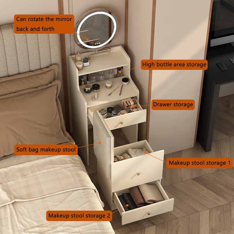 3 in 1 Small Vanity, Makeup Table with Mirror and Light, Vanity Table Set with 2 Drawers and Upholstered Stool
