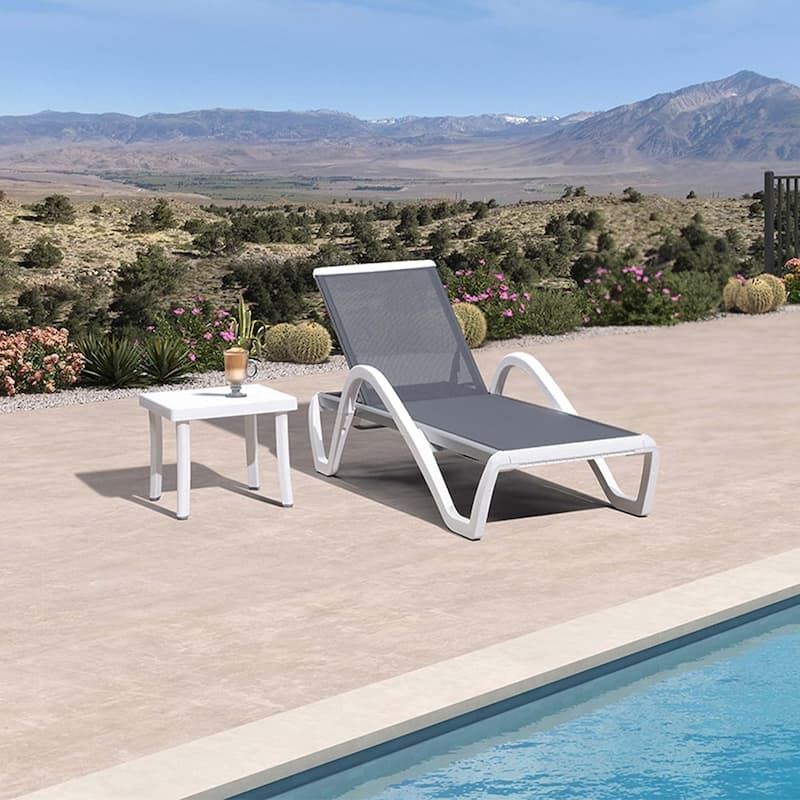 PURPLE LEAF Patio Chaise Lounge Chair Outdoor Plastic Textilene Lounger with 6 Adjustable Position for Outside Lawn Poolside - 1 Chair + 1 Table(Light Grey)
