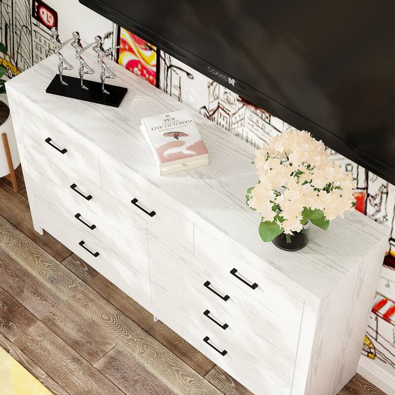 63" White 9 Drawer Dresser for Bedroom, Modern Wide Wood Storage Dresser with Metal Handles