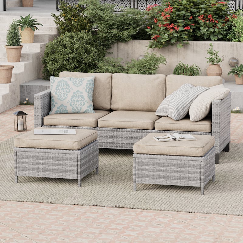 BONOSUKI 3-Piece Patio Sofa Set Grey Rattan Furniture with Ottomans - Linen Flax Beige