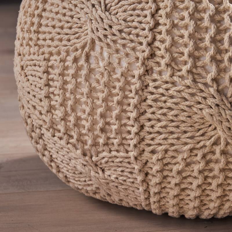 Bordeaux Knitted Cotton Round Pouf - Beige