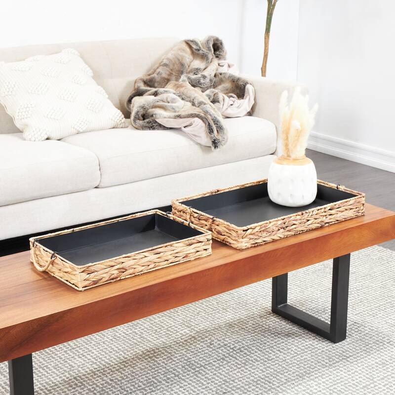 Light Brown Seagrass Handmade Nesting Living Room Decor Tray with Black Wood Interiors (Set of 2) - 20", 16"W - 20", 16"W - Light Brown