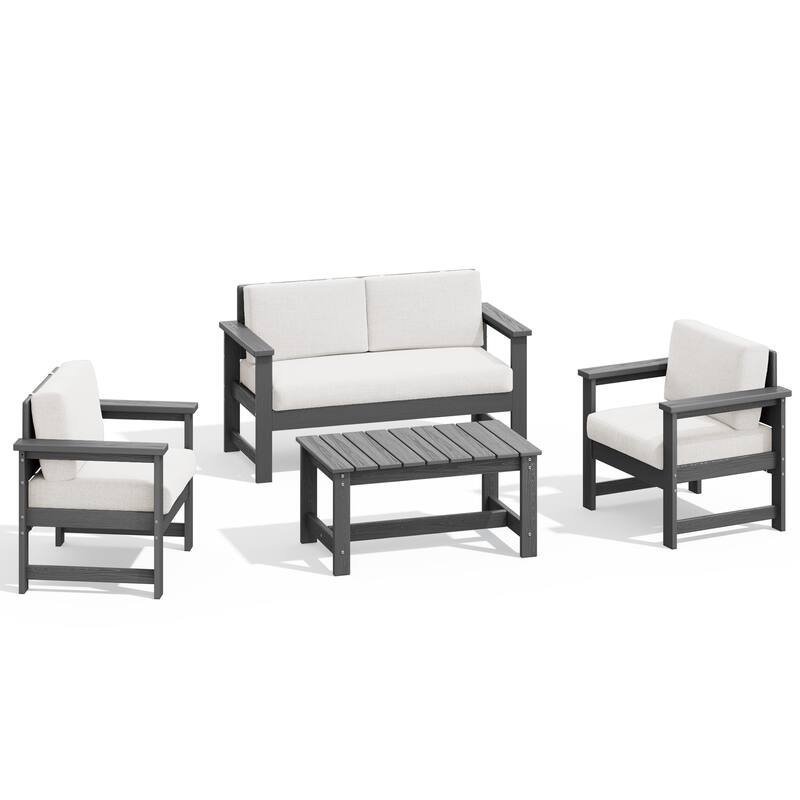 Outdoor Patio HDPE Sectional Sofa and Table Set, Removable Cushions Included, a Loveseat, 2 Single Sofas - Medium Gray & Khaki