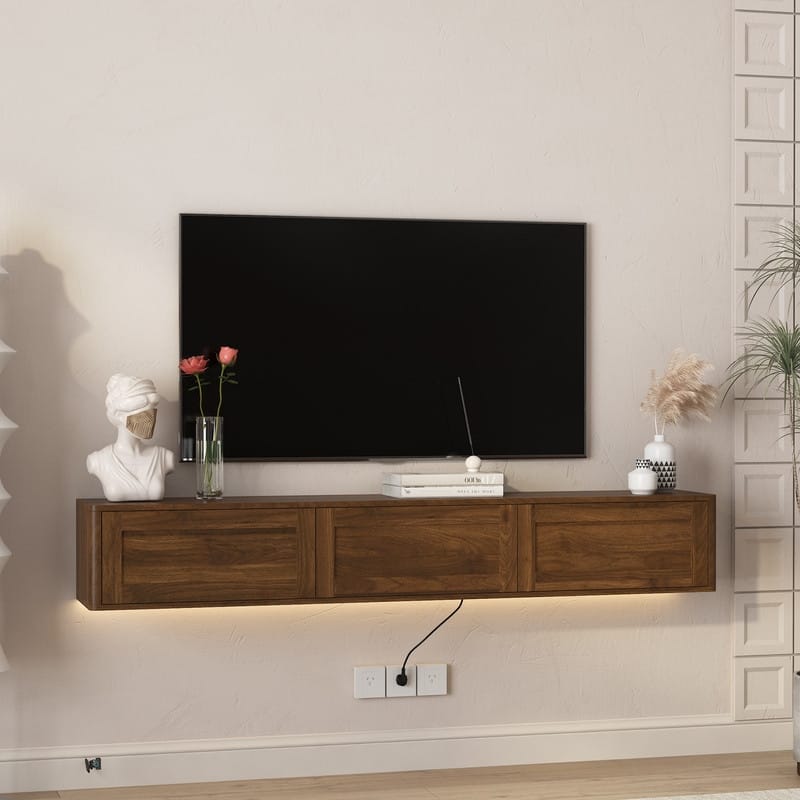Floating 68" Wall Mounted TV Stand for TVs up to 75", Media Console Table with LED Lights and Power Outlet
