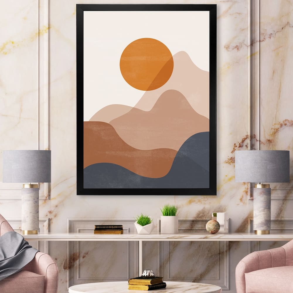 Designart "Abstract Red Moon In Earth Toned Mountains II" Modern Framed Art Print