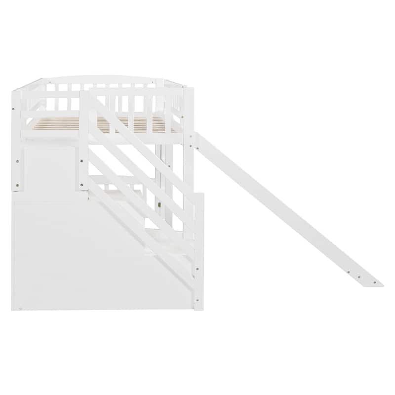 All-in-one Loft Bed Built-in Ladder Wood Frame Loft Bed with Slide, 2 Drawers, Storage Stairs & Underbed Activity Space for Kids