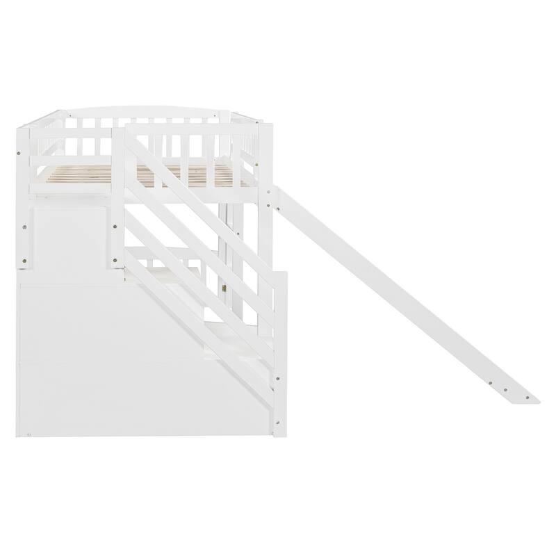 Stairway Twin Size Loft Bed with Two Drawers and Slide, Solid Wood Frame, Convertible Ladder, and Storage Space