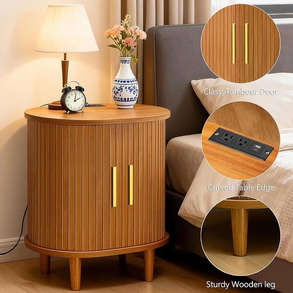 Mid Century Nightstand with Charging Station, Fluted Design