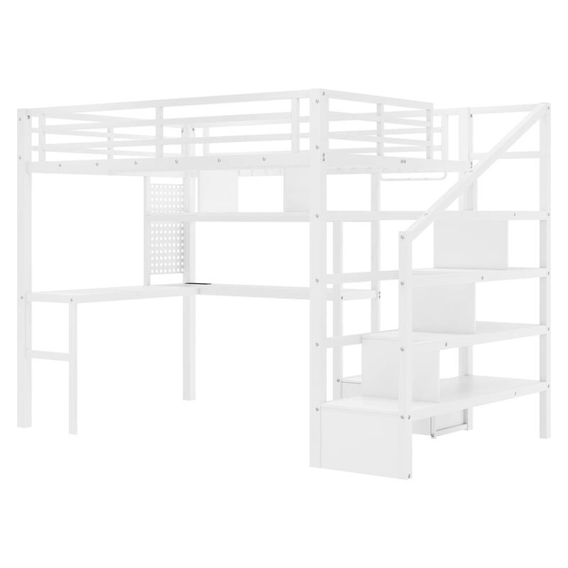 Full Size Metal Loft Bed with LED Lights, Desk, Staircase, and Wardrobe for Kids, White