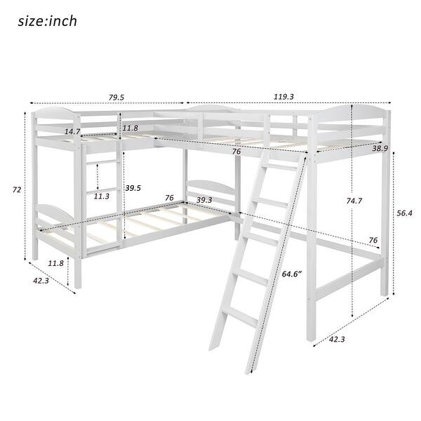 dimension image slide 2 of 3, Modern Twin Size L Shaped Solid Pine Wood Bunk Bed with Full Length Guardrail and 2 Ladder