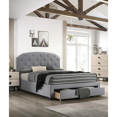 Light Grey Burlap Fabric 1pc Queen Size Bed w Drawer Button Tufted Headboard Storage Bedframe Bedroom Furniture