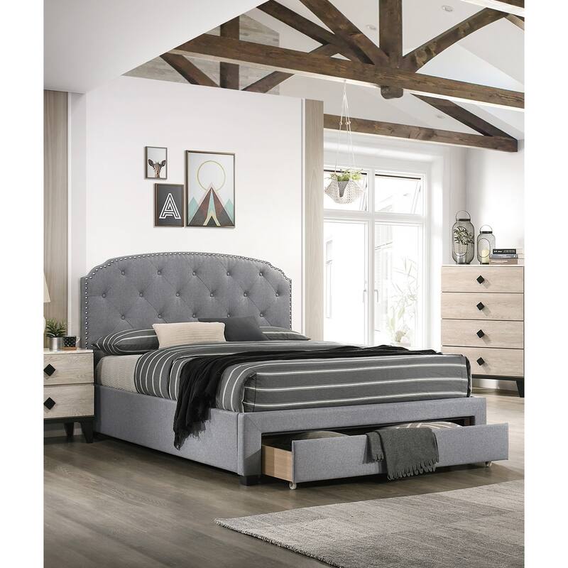 Twin Size Fabric Storage Bed with Button-Tufted Headboard and Underbed Drawer - Light Gray