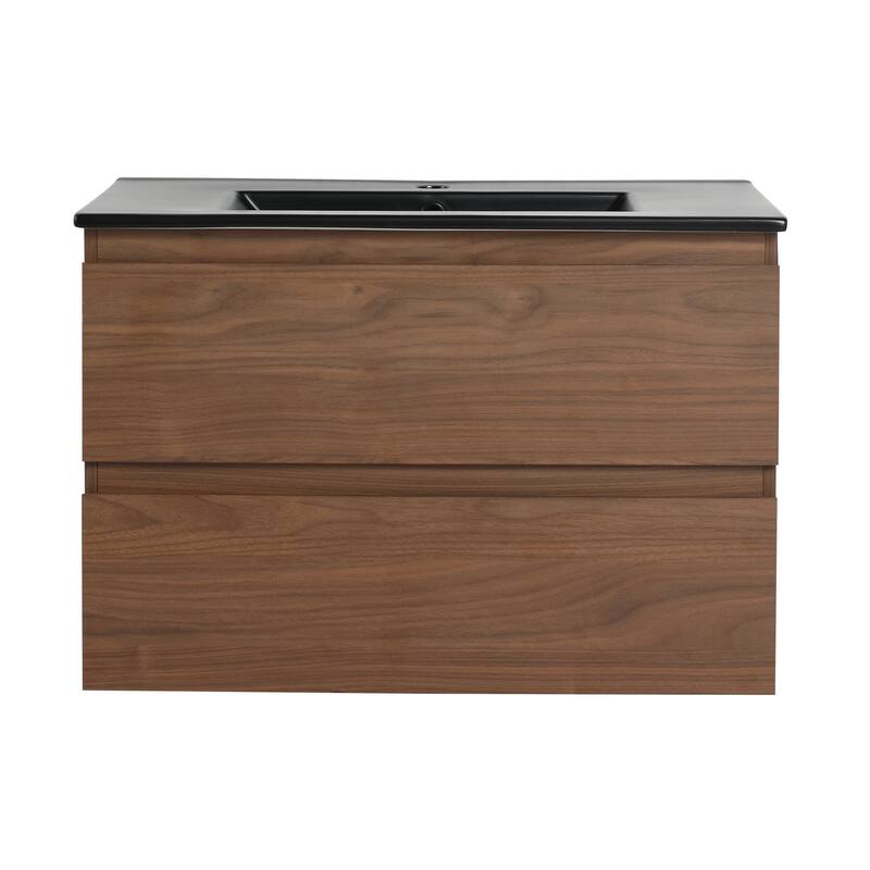 Modern 24" Floating Bathroom Vanity with Black Ceramic Basin, Soft-Close Drawers, Water-Resistant Melamine Surface