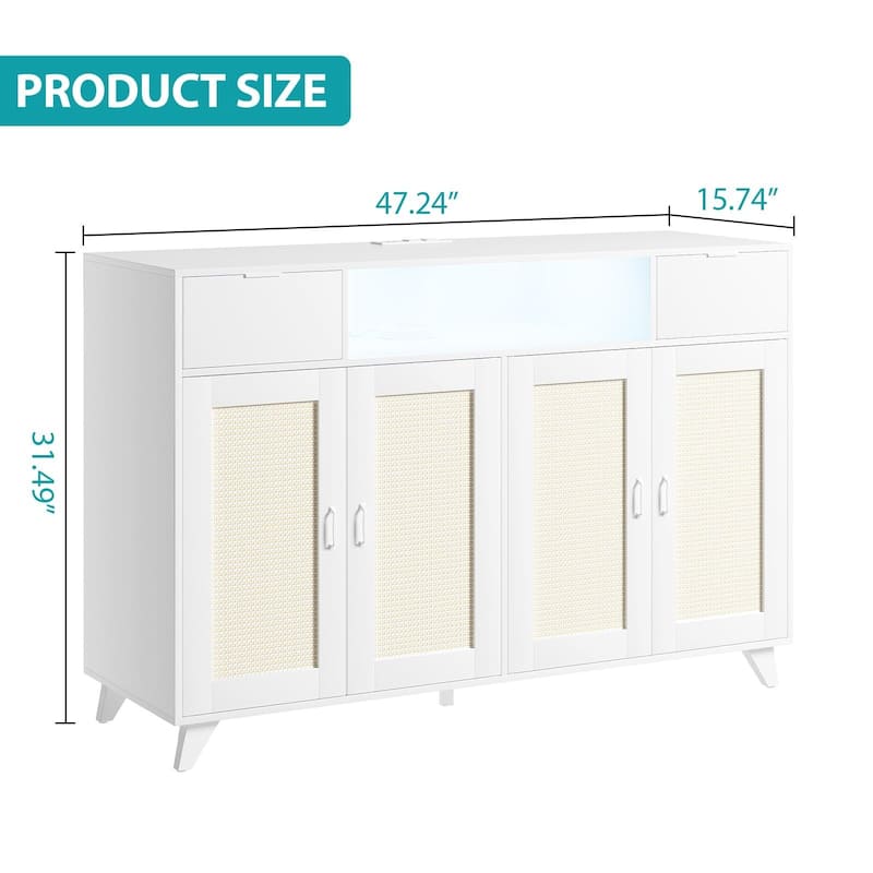 Sideboard Buffet Cabinet, 4 Rattan Doors 2 Drawers Accent Storage Cabinet