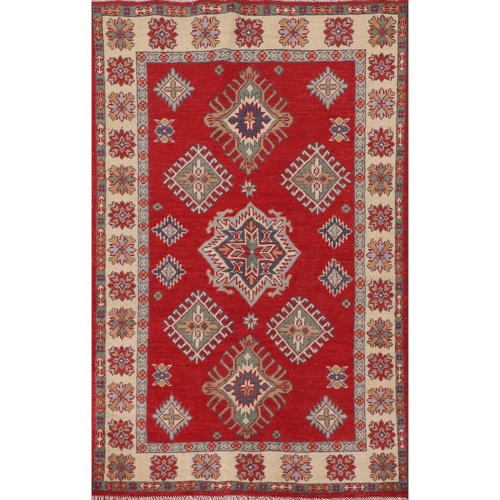 Traditional Kazak Oriental Rug Hand-Knotted Geometric Wool Carpet - 3'2"x 5'2"