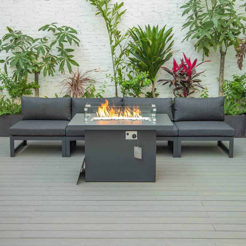 LeisureMod Chelsea 5-Piece Outdoor Patio Chairs and Fire Pit Table Set