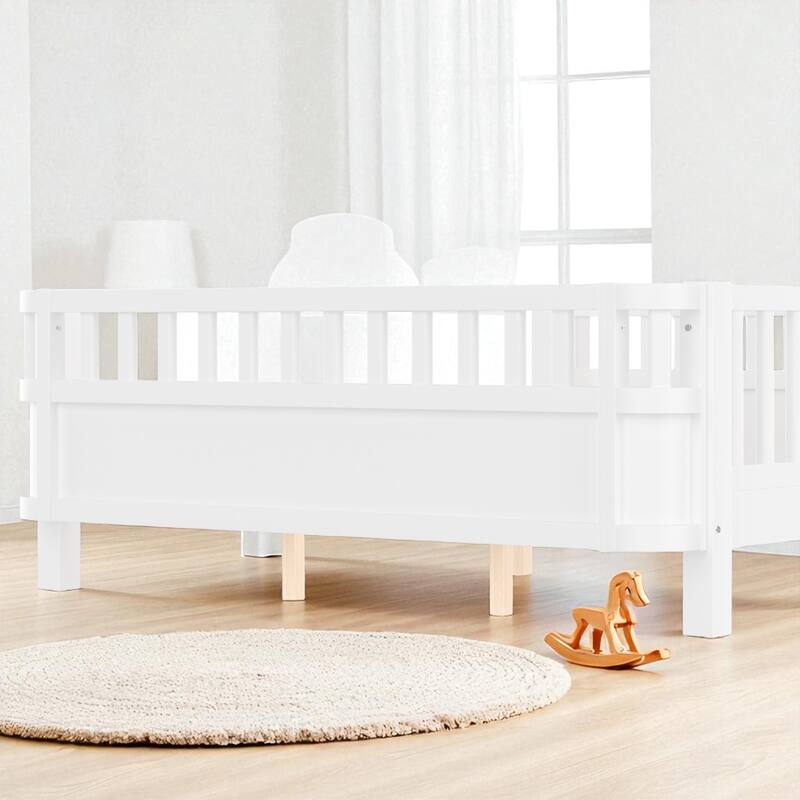 Wood Platform Bed with Guardrails & Detachable Fence, Twin/Full/Twin XL/Queen Size Kids Bed, Safety Design, No Box Spring