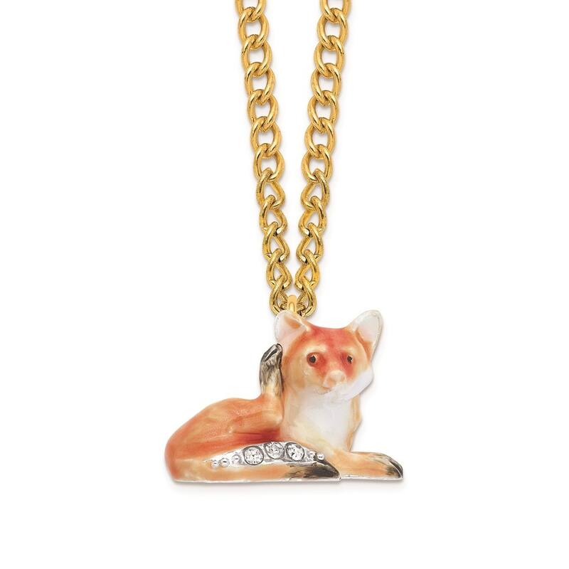 Curata Pewter Bejeweled Crystals Silver-Tone Enameled Einstein Red Fox Trinket Box on 18 Inch Necklace