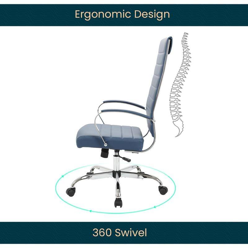 Benmar High-Back Leather Office Desk Chair in Stainless Steel Frame Adjustable Height Tilt Lock 360 Swivel Ergonomic Chair