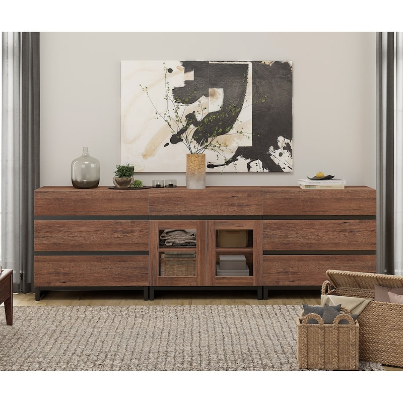 Modern TV Stand for Tvs Up to 100 Inch, 3 In 1 TV Console with Glass Doors and 7 Drawers for Living Room