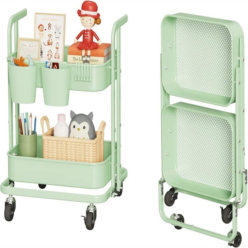 2 Tier Foldable Rolling Cart - 17.3"D x 18.3"W x 24.2"H - Pastel Green