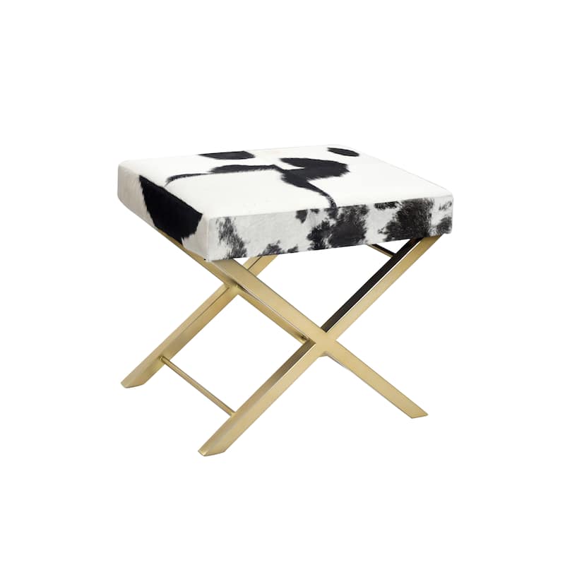 Gold Stainless Steel Ottoman Chair with Black and White Hairline Leather - Gold