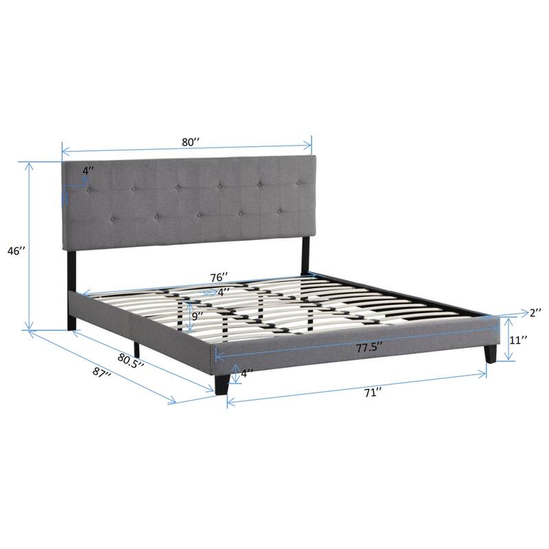Gray King Size Upholstered Platform Bed Frame