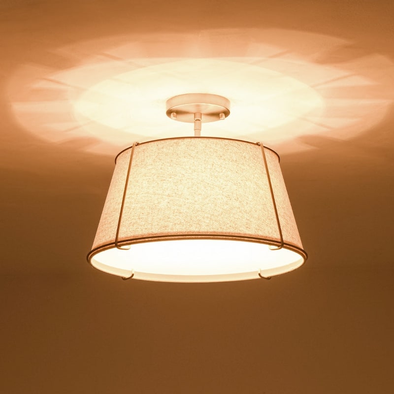 Brass 4-Light Wide Drum Linen Ceiling Light - 17in Mid-Century