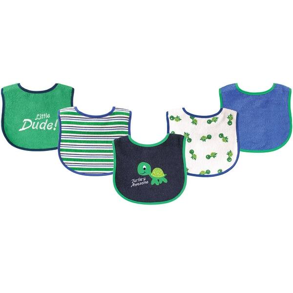 slide 1 of 1, Luvable Friends Baby Boy Cotton Terry Drooler Bibs with PEVA Back 5pk, Turtle, One Size - Turtle - One Size One Size - Turtle