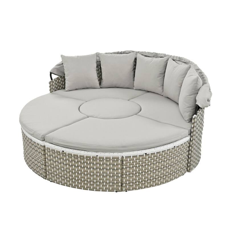 Round Outdoor Daybed Two-Tone Weave Sunbed with Retractable Canopy