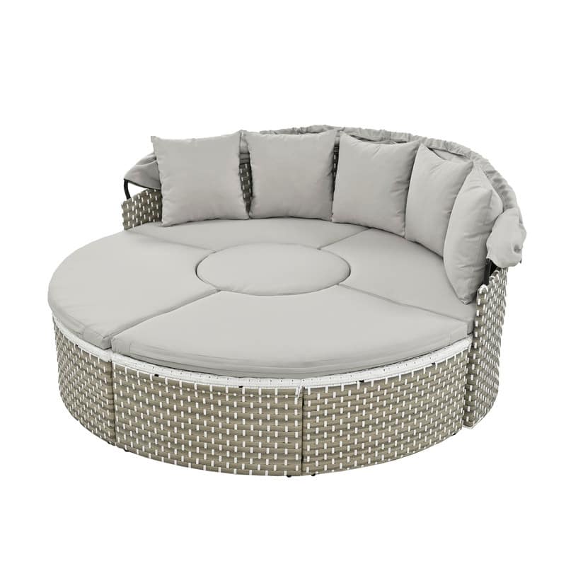 Round Patio Sectional Sofa Set – Two-Tone Rattan Daybed with Retractable Canopy & Modular Seating‌