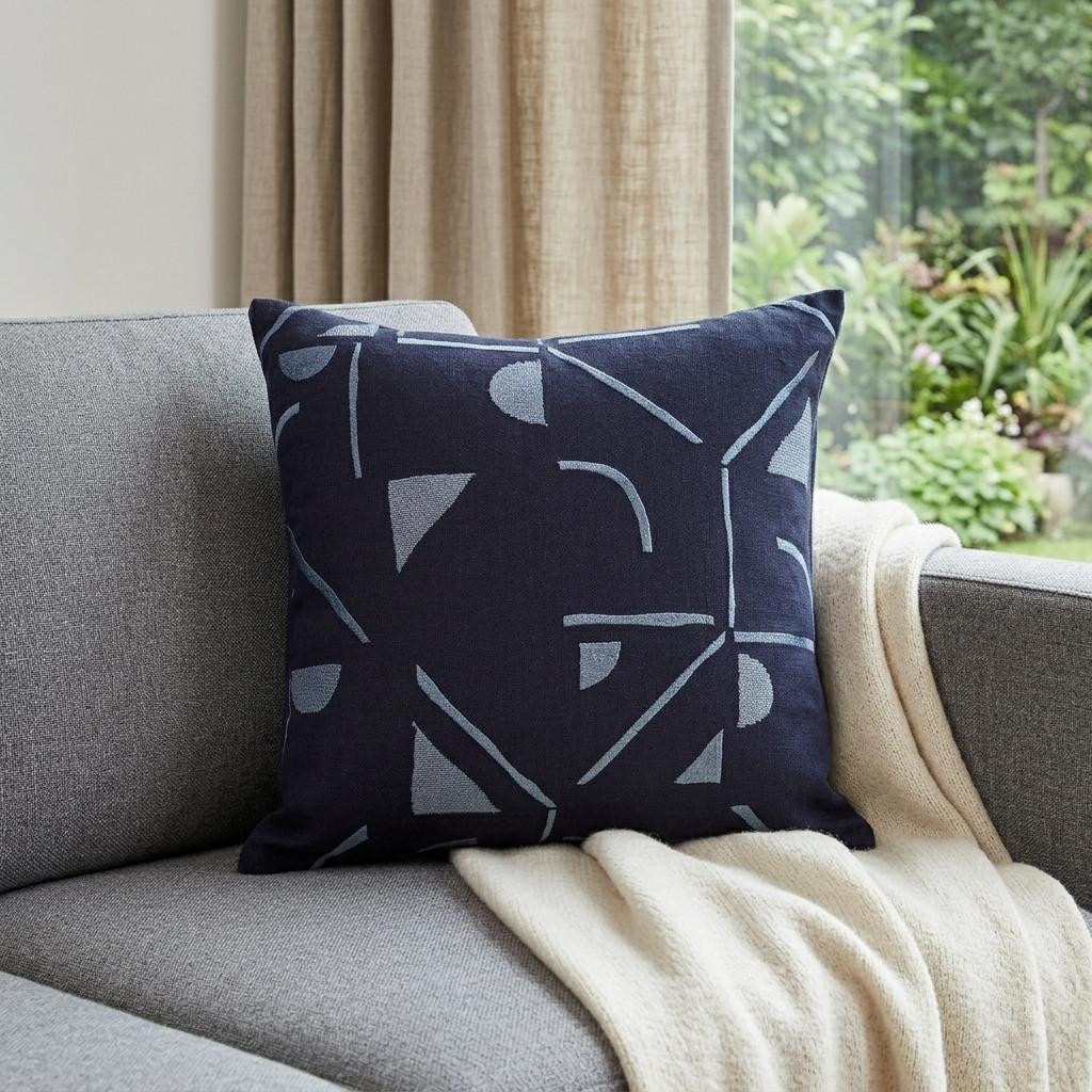 HomeRoots 20" Blue Geometric Cotton Blend Throw Pillow With Embroidery