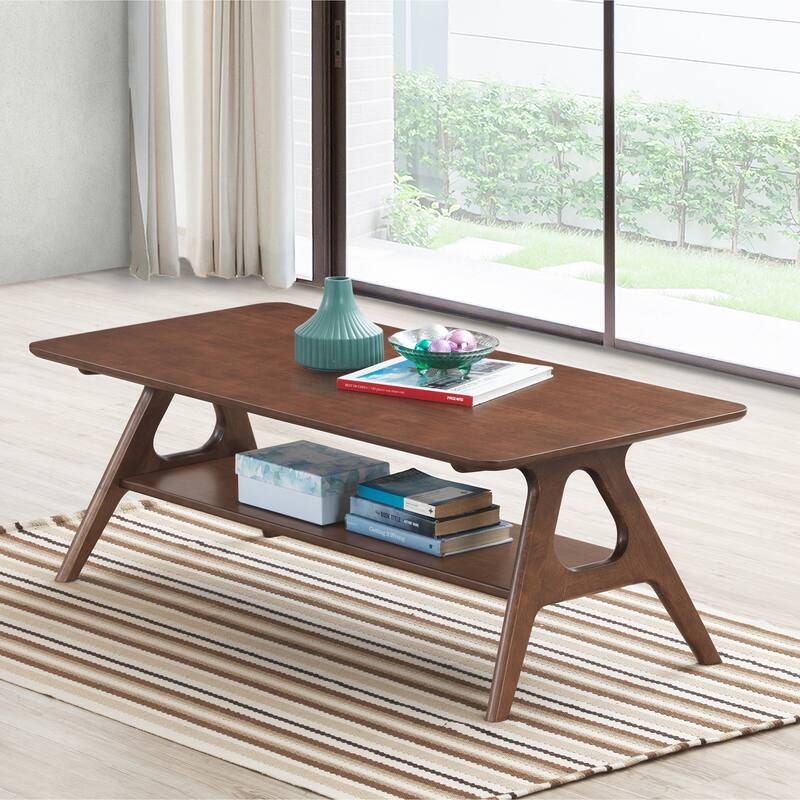 Mid-Century Modern Rectangular Coffee Table with Storage Shelf for Living Room