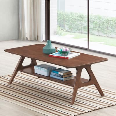 Wood Coffee Table with Open Storage Shelf, Accent Table with Sturdy Tapered Legs, Dining Table with Rubberwood Base