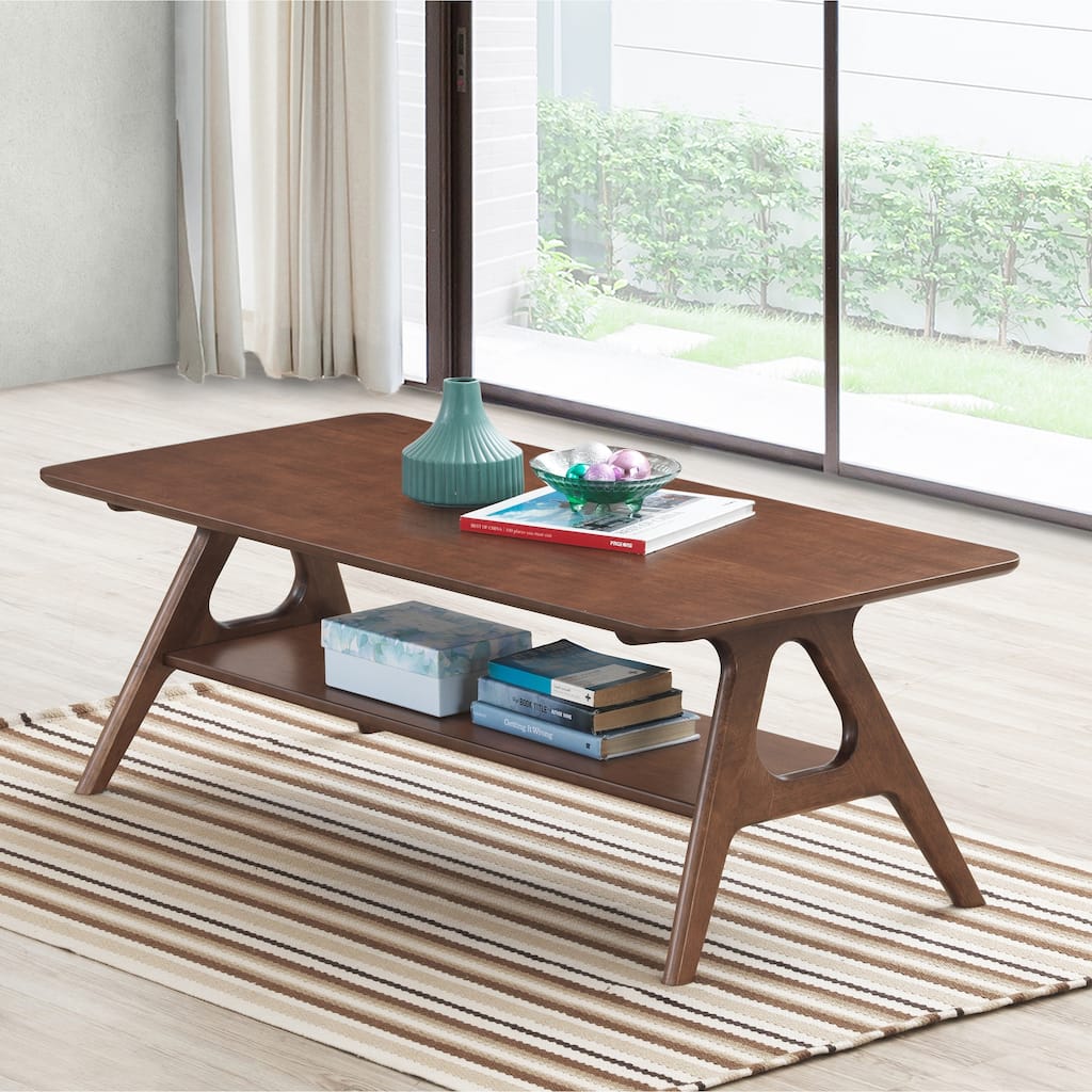 Wood Coffee Table with Open Storage Shelf, Accent Table with Sturdy Tapered Legs, Dining Table with Rubberwood Base