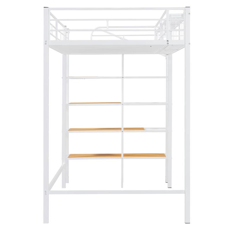 Twin Size Metal Loft Bed with Upper Grid Storage Shelf and Lateral Storage Ladder