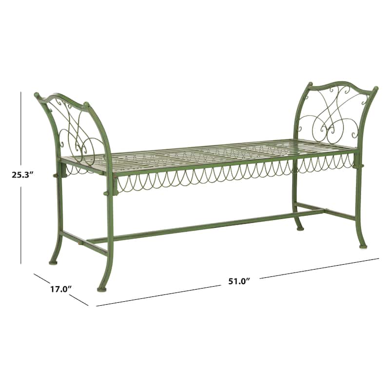 SAFAVIEH Outdoor Abagail Green Wrought Iron Garden Bench - 51" x 17" x 25.3" - 51Wx16Dx27H