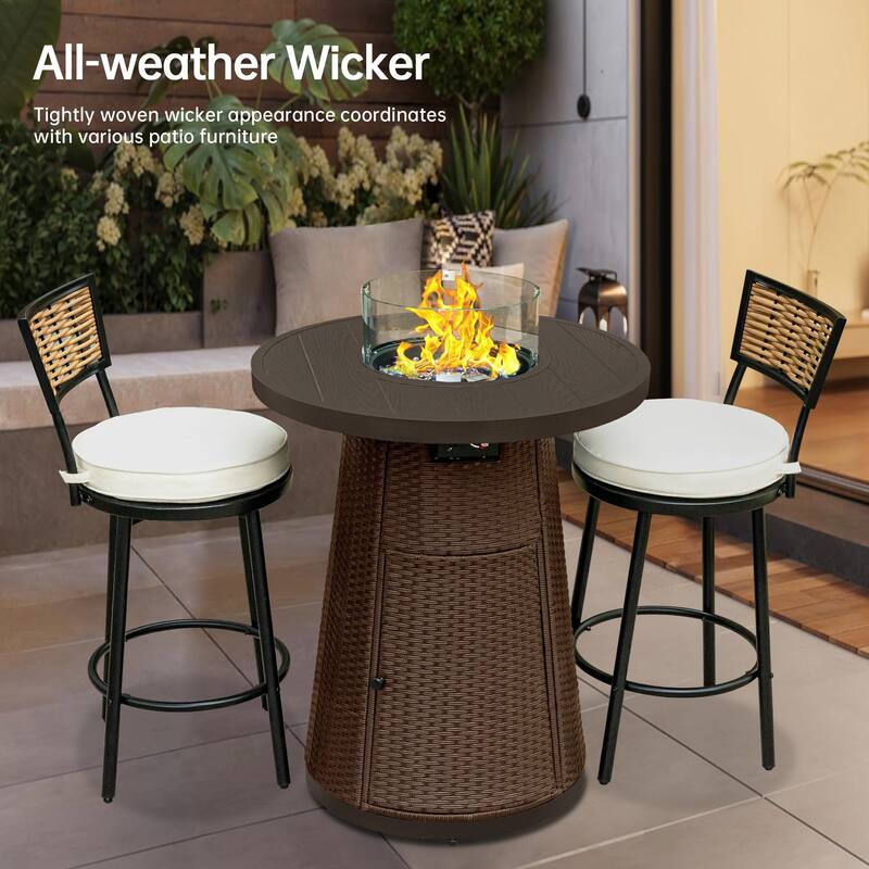 31.5" Wicker Propane Bar Height Fire Pit Table, 40,000 BTU Outdoor Round Gas Fire Table with Fire Glass Stone