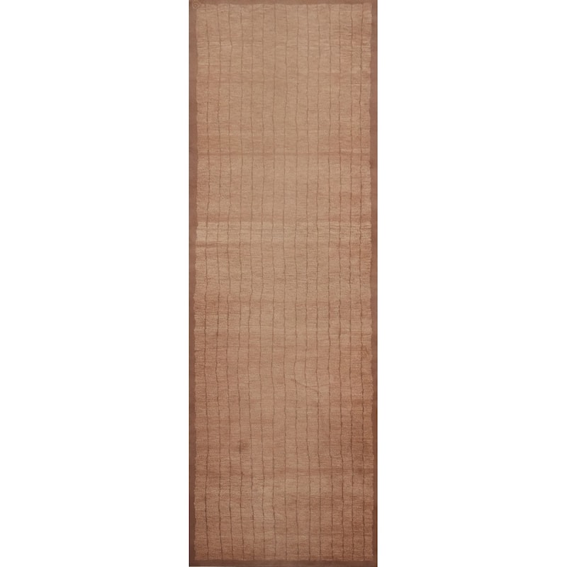 Hand Knotted Oriental 100% Wool Carpet Modern Stripe Brown Nepalese Runner Rug - 12' 3'' X 3' 0''