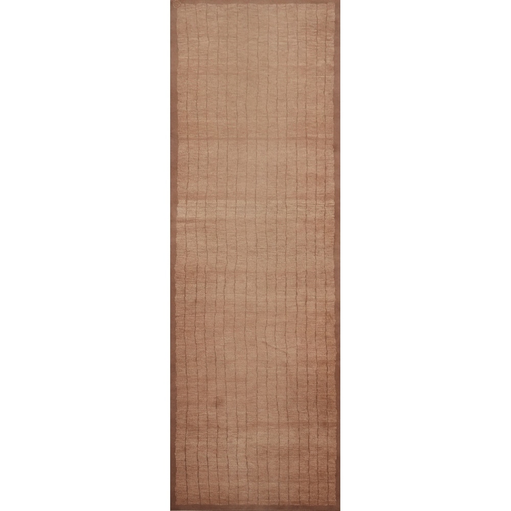 Hand Knotted Oriental 100% Wool Carpet Modern Stripe Brown Nepalese Runner Rug - 12' 3'' X 3' 0''