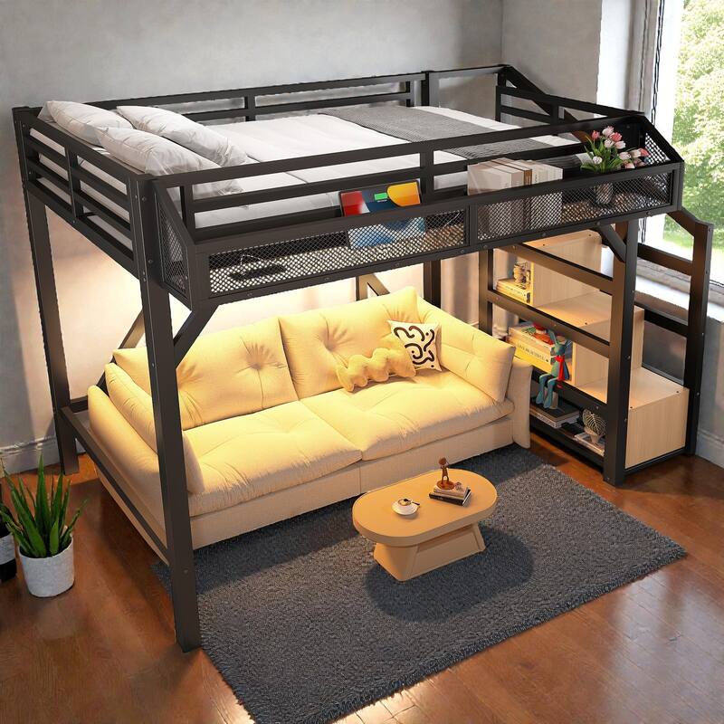 Metal Loft Bed with Storage Stairs, Wardrobe and Shelves, USB Ports and LED Lights, Noise Reduced Frame