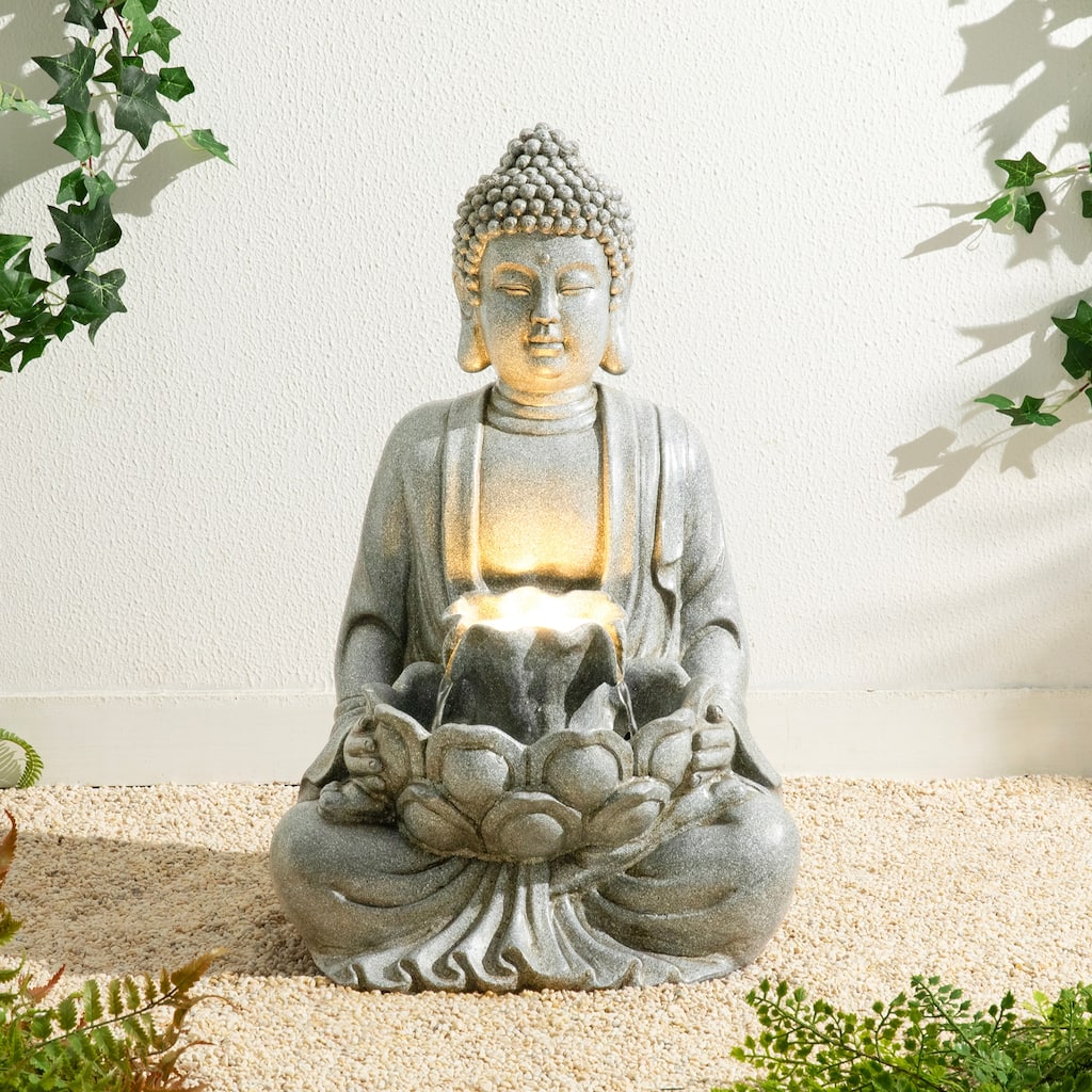 Glitzhome 23.25"H LED Lighted Buddha Statue Polyresin Outdoor Floor Fountain - 23.25"