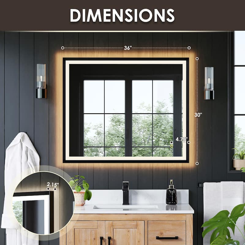 Apollo Rectangular Anti-Fog Dimmable Modern Bathroom/Vanity LED Lighted Wall Mirror in Matte Black Aluminum Framed