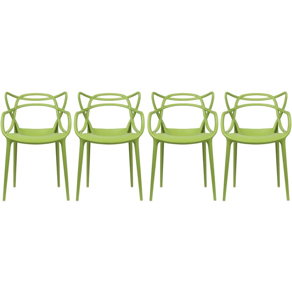 Set of 4 Modern Stackable Dining Chairs, Contemporary Plastic Patio Chair for Indoor Kitchen or Outdoor use, Green