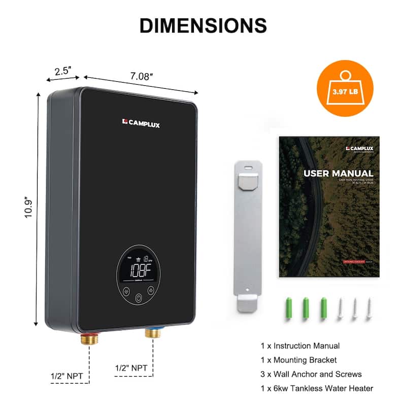 CAMPLUX 1.8 GPM Electric Tankless Water Heater 6kW 240V, Brick