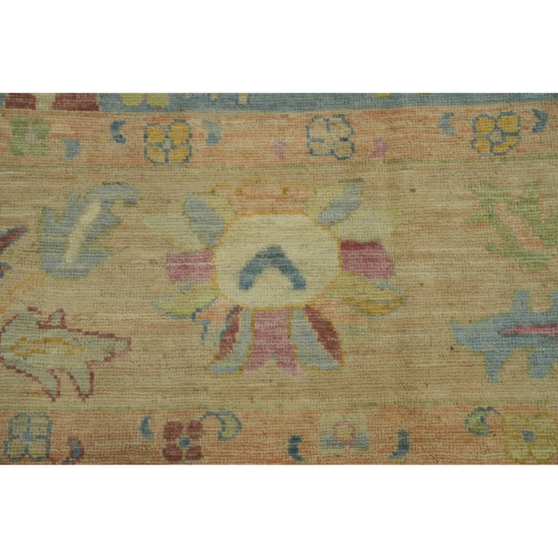 Floral Blue Wool Oushak Vegetable Dye Area Rug, Floral Geometric Carpet - 12' 4'' X 9' 4''