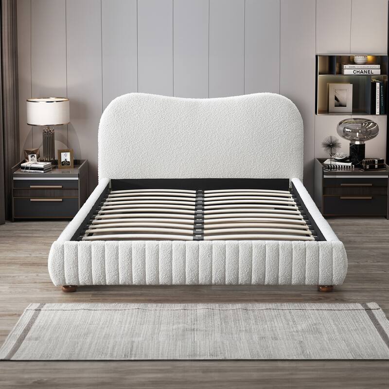 Monarch Mid-Century Queen Platform Bed in Cream Boucle